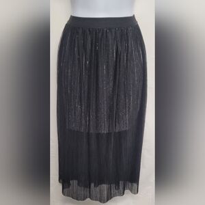 Forever 21 M Black Silver Metallic Mini Skirt Long Sheer Overlay Elastic Waist